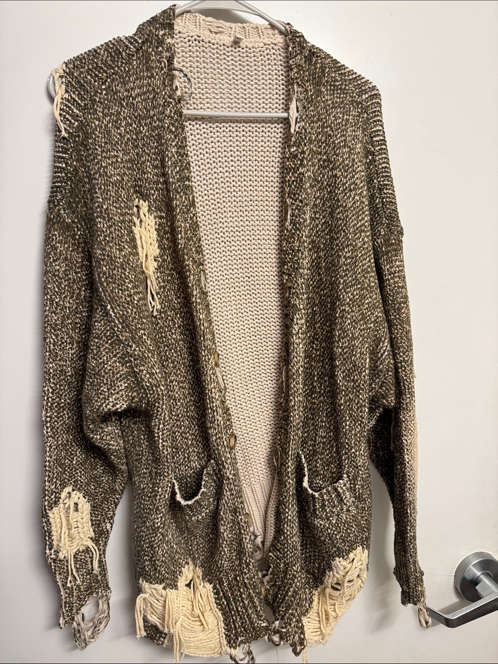 R13 Distressed Open-Front Cardigan in Olive and Cream